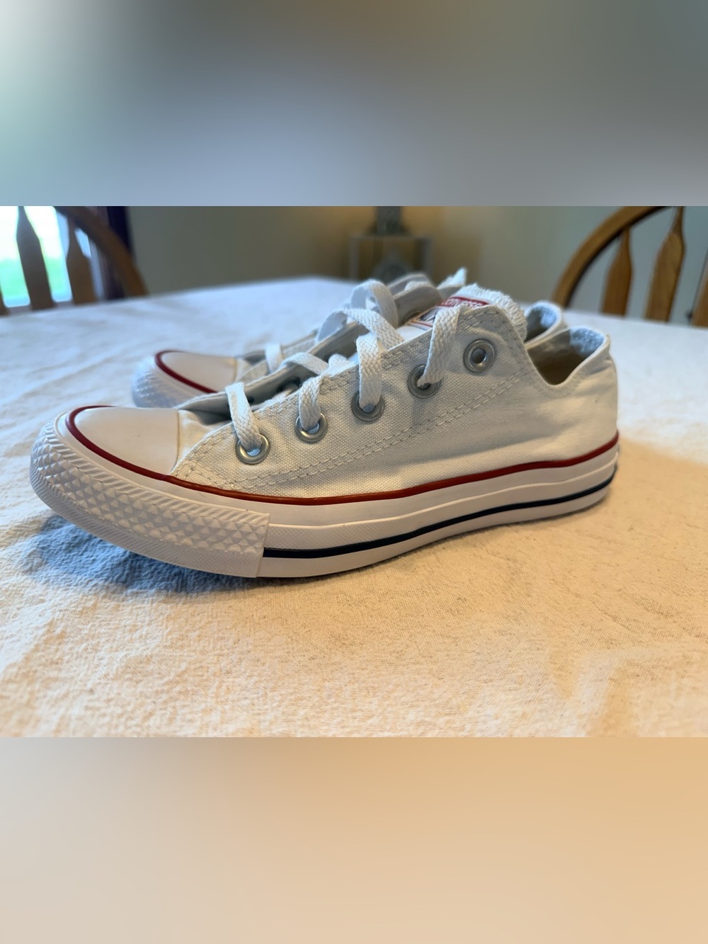 Converse White Low Top Sneakers with Red & Navy Trim - Picture 2 of 8